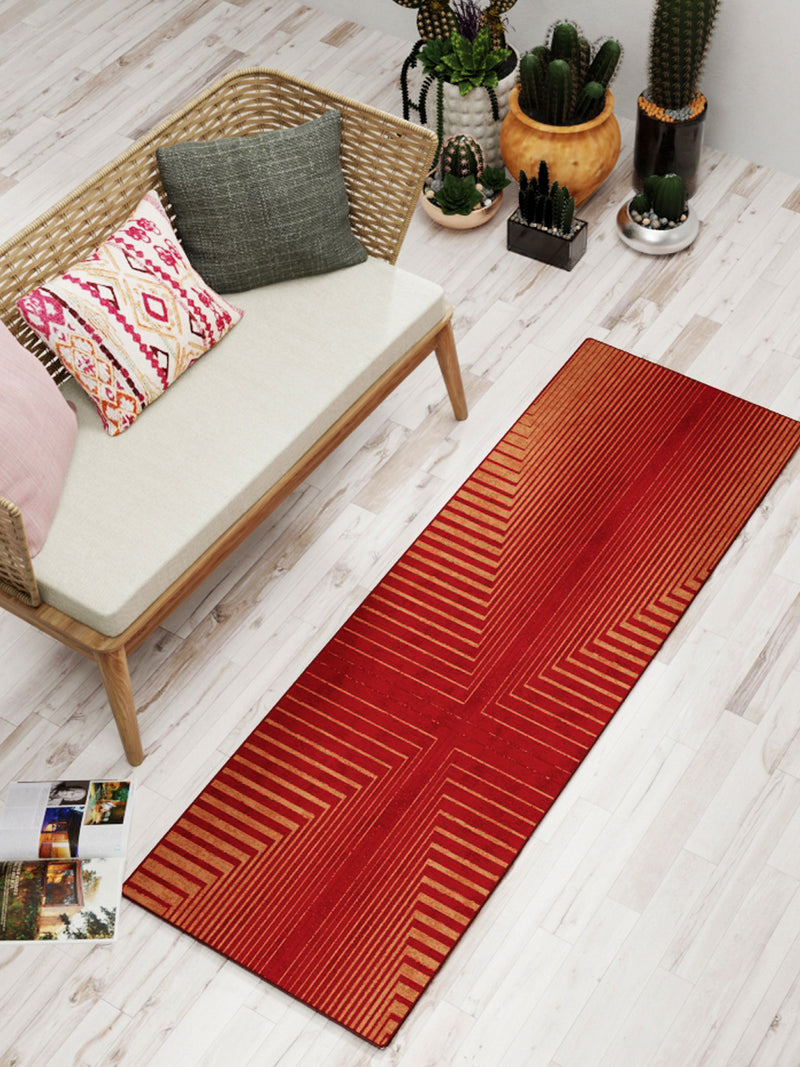 Modern Designer Printed  Carpet Area Rug With Anti Slip Backing <small> (corner stripes-red/beige)</small>