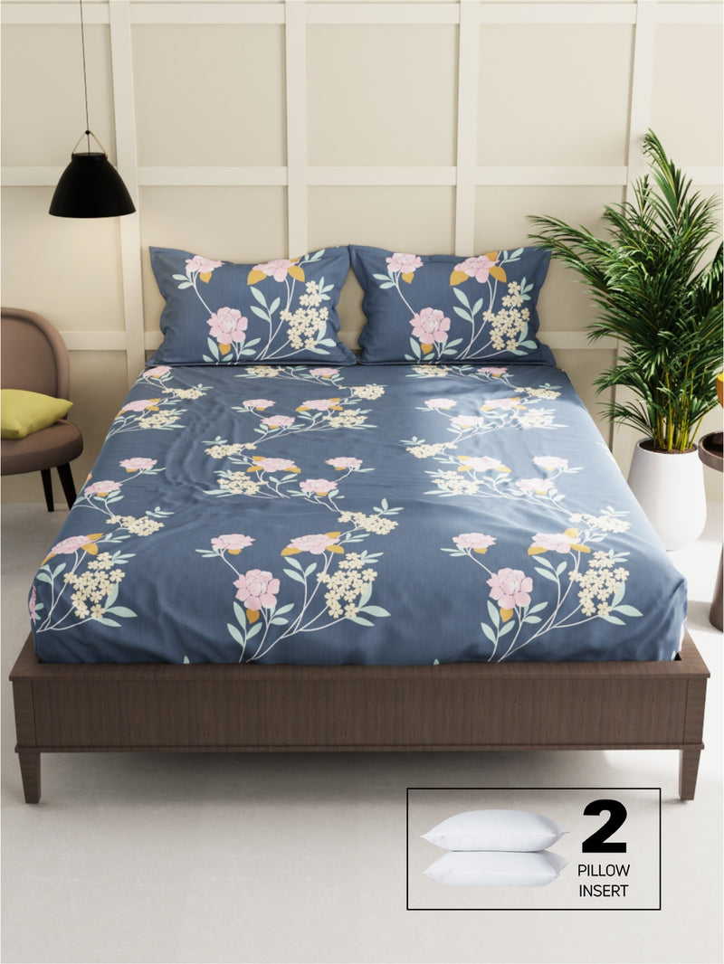 Extra Smooth Micro Double Bedsheet With 2 Pillow Covers + 2 Pillows <small> (floral-grey)</small>