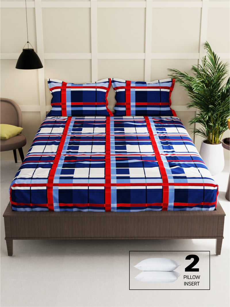 Extra Smooth Micro Double Bedsheet With 2 Pillow Covers + 2 Pillows <small> (checks-blue/rd)</small>