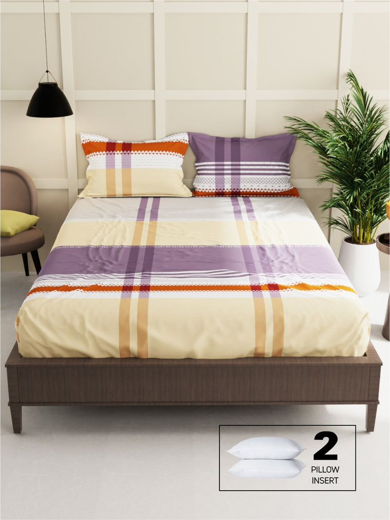 Extra Smooth Micro Double Bedsheet With 2 Pillow Covers + 2 Pillows <small> (stripe-beige/multi)</small>