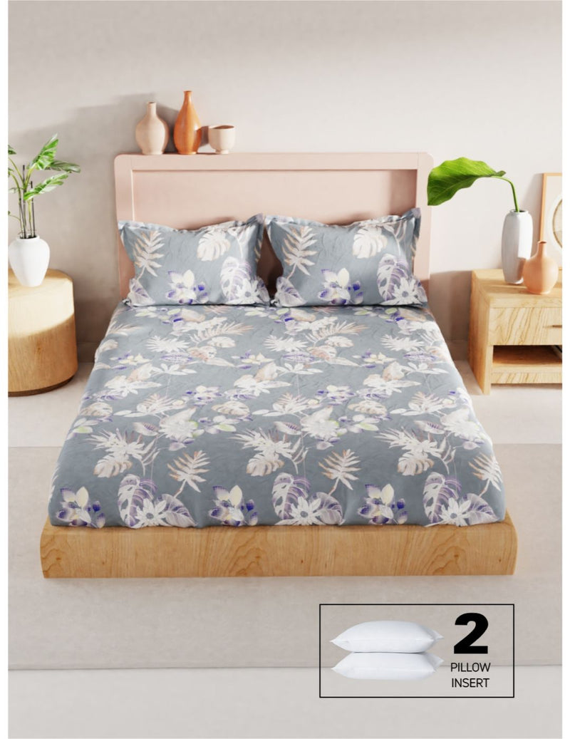 Bamboo Micro King Bedsheet With 2 Pillow Covers + 2 Pillows <small> (floral-grey)</small>