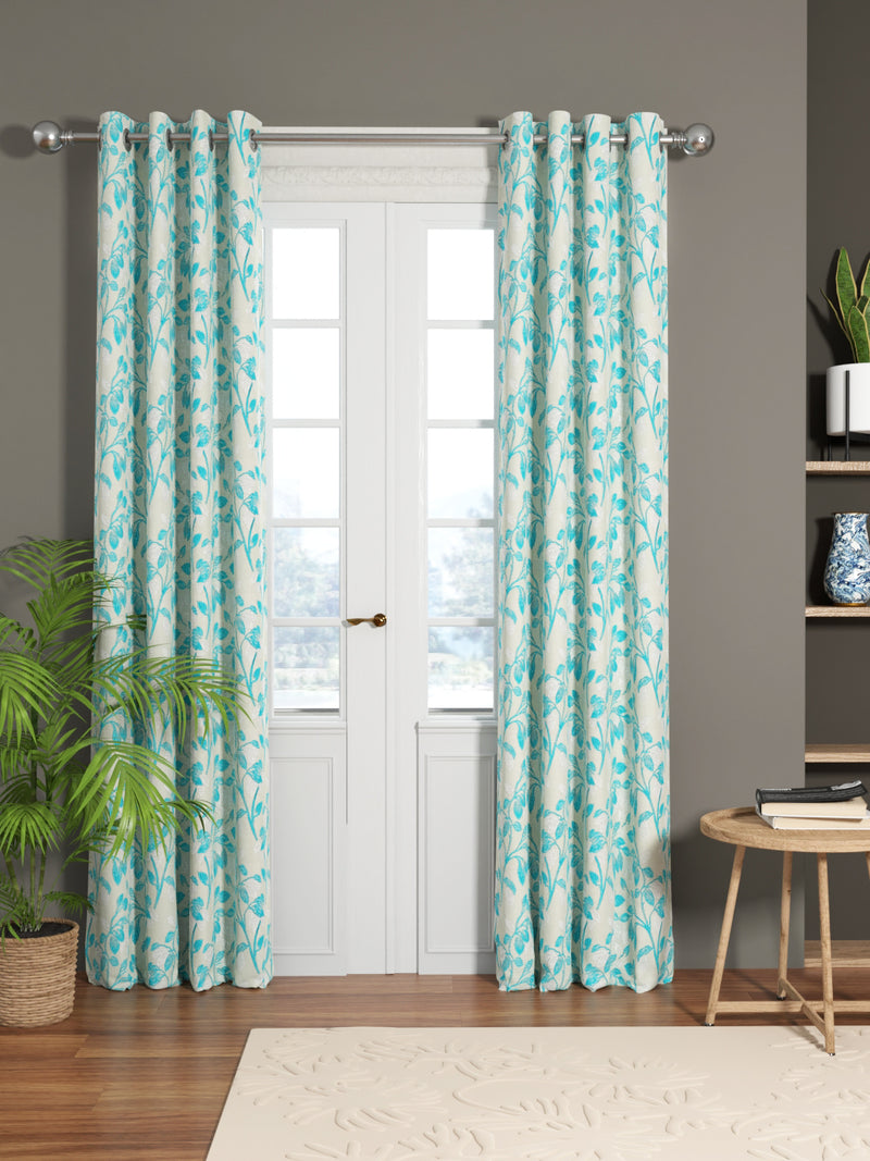 Jacquard Room Darkening Eyelet Curtain <small> (floral-turq/silver)</small>